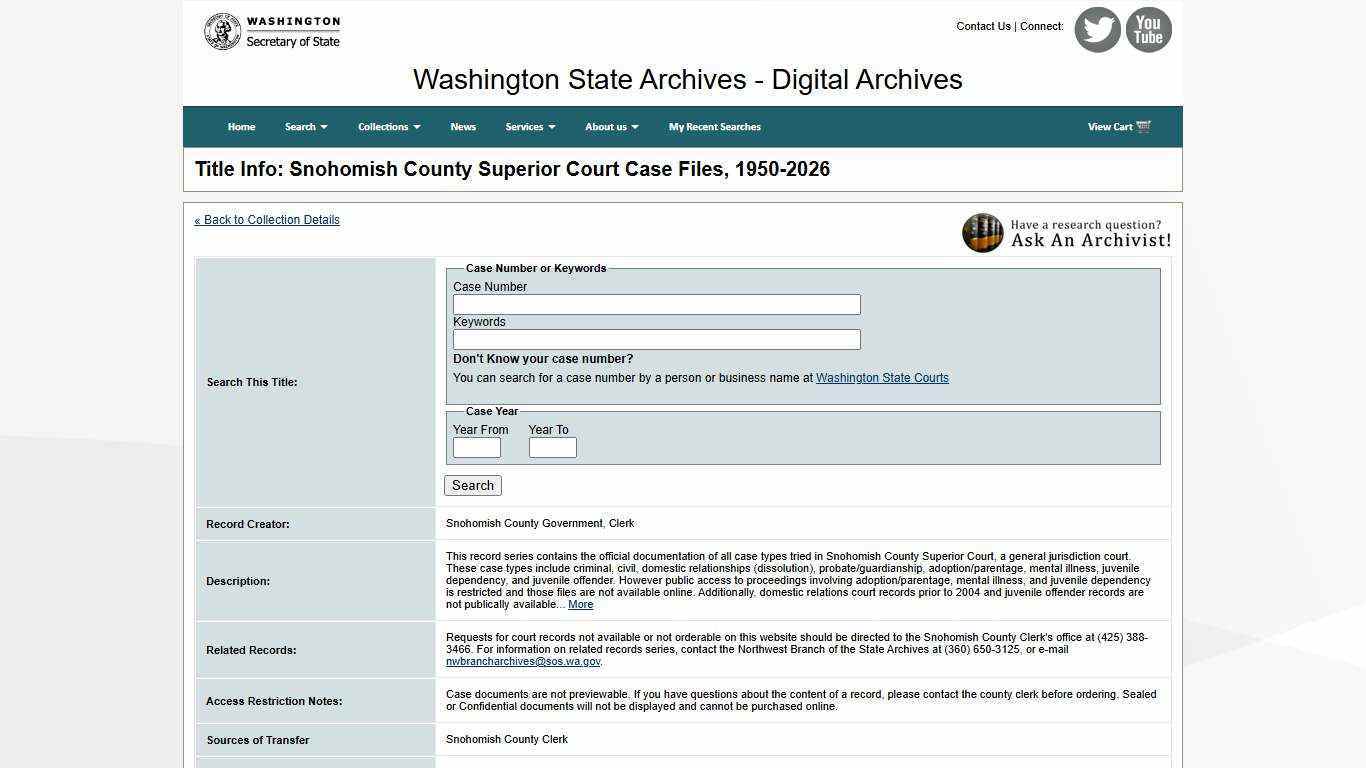 Washington State Archives, Digital Archives - Title Info: Snohomish County Superior Court Case Files, 1950-2026
